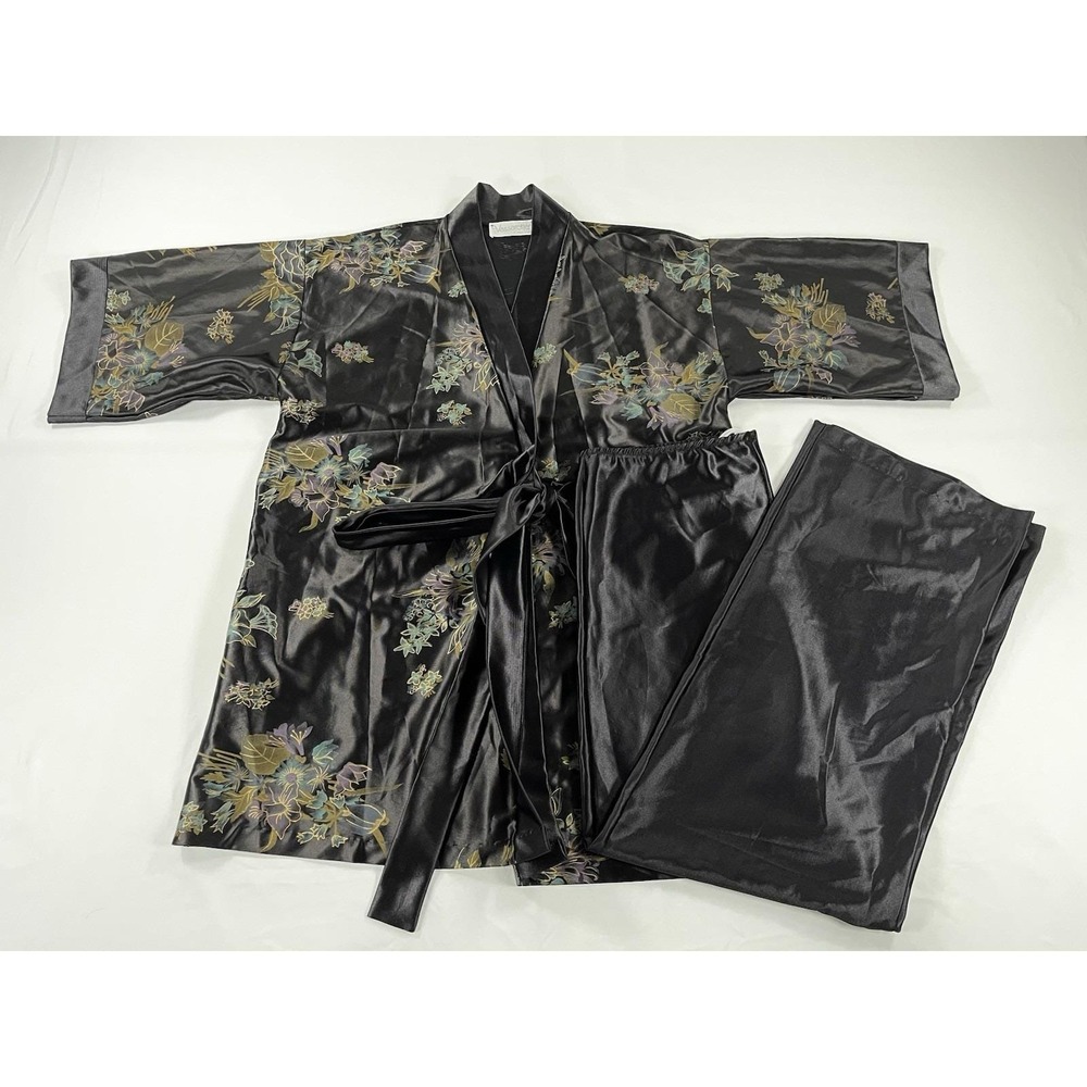 Vtg 80s Kimono Robe Pants Set S Black Floral Satin Whimsigoth Loungewear Pajamas